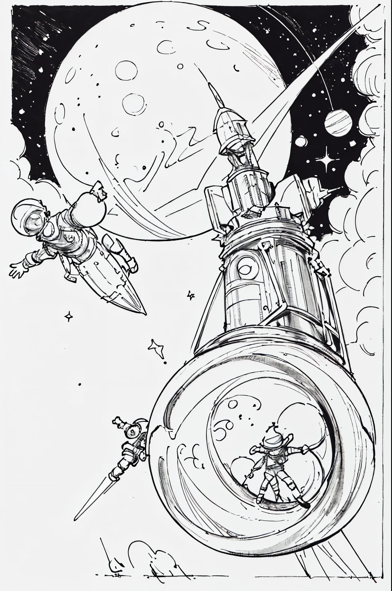 obra-prima, melhor qualidade, Monochromatic Magical Adventures, foguete, child in space,  on top of a rocket,  passing by the moon, desenho de contorno, desenho para colorir, 
