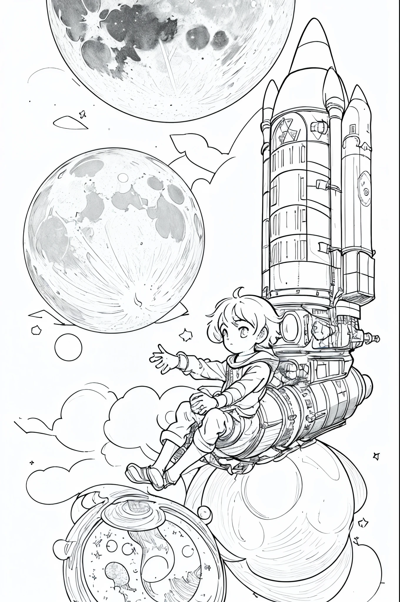 obra-prima, melhor qualidade, Monochromatic Magical Adventures, foguete, child in space,  on top of a rocket,  passing by the moon, desenho de contorno, desenho para colori
