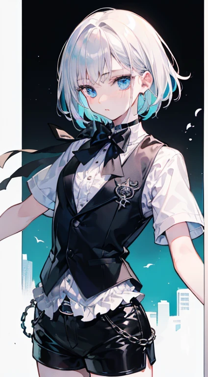 (top-quality、masterpiece、high-level image quality、Super delicate)、((Beautiful Boys))、(Silvery medium hair、Long bangs)、(Blue eyes)、a choker、(A black butler-like vest and black shorts)、garterbelts、cool expression、
