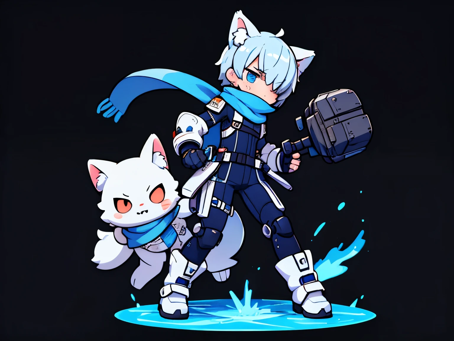 ((1 boy))，solo，straight hair，wolf ears，((blue visor goggles)) , Painful face，Grit your teeth，Injuried，close one eye,(transparent background)，(Blue and white full body mechanical armor)，turtleneck bodysuit，scarf，white boots, scars，game over，Frustrated forward bend , Shadow effects, anatomically correct，lose the battle