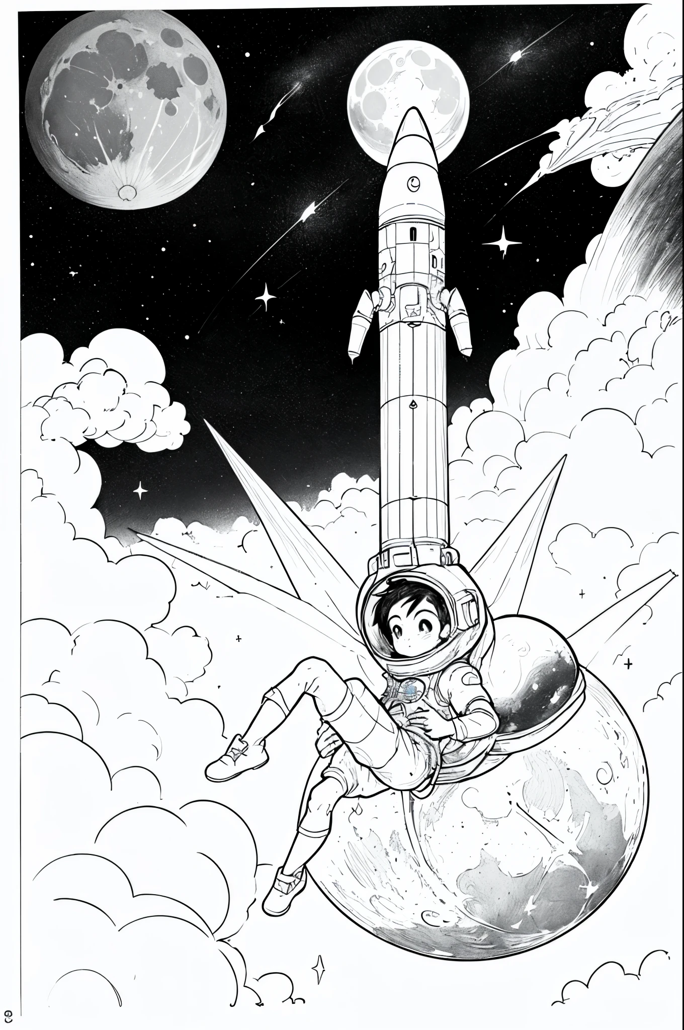 obra-prima, melhor qualidade, Monochromatic Magical Adventures, foguete, in space, on top of a rocket, passing by the moon, desenho de contorno, desenho para colori