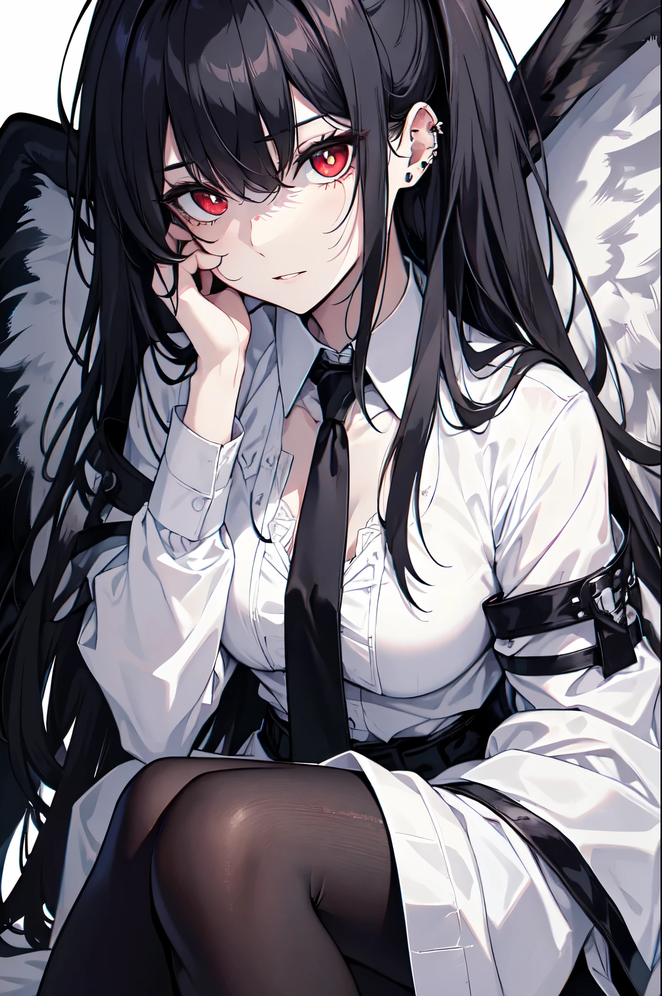 (highest resolution, distinct_image) the best quality, semi realistic, highly detailed, finely detailed face and eyes, extremely detailed CG unified 8k wallpaper, 1 woman, fallen angel, huge black wings, raven feathers, white background, depth of field, black tuxedo suit, necktie, formal clothes, red eyes, pitch-black hair, cold glare, emotionless, piercing eyes, casual sitting, pale skin, deathly aura, not blushing, black eyebags, imsoniac