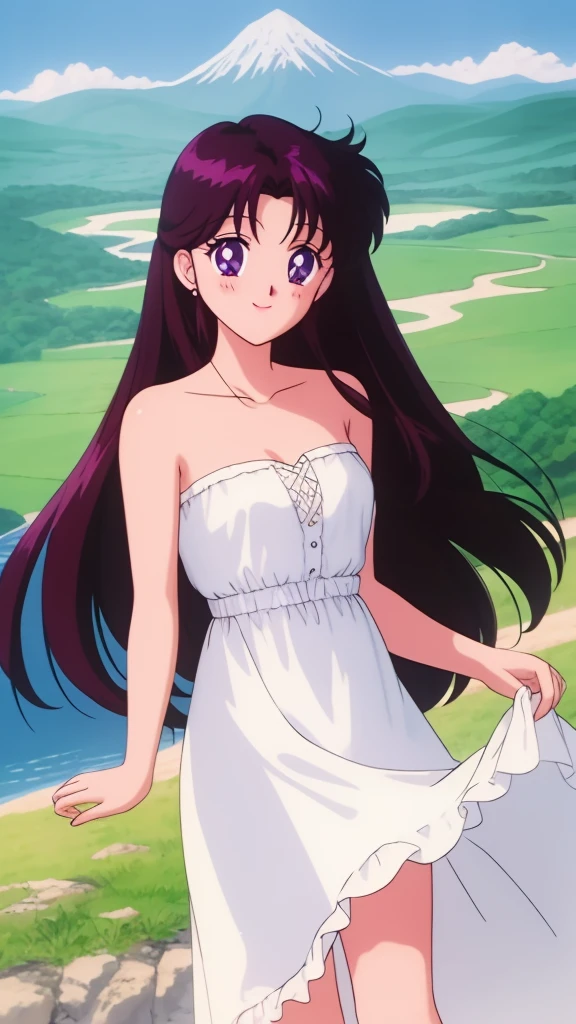 1990s \(style\), masterpiece, best quality, highres, outdoors, small breasts, 1 girl, Solo, ReiHino, Purple Eyes, Beautiful Detail Eyes, Long Black Hair, Straight Hair, Good hands are down, Smile, Blushing, Bare Neck, Bare Shoulders, strapless, White Ruffle Off-the-Shoulder Top, White maxi dress. Cowboy shot. A landscape of blue skies, a mountain, a far away mansion, a lake and a green valley. In the center. Walking in bare feets.