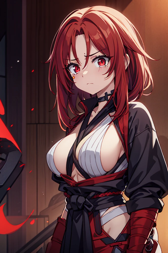 red scarlet hair, mature woman with some wrinkles, strong arms, half naked on the top, wearing bandages that covers her breasts, sad expression with tears, samurai pants, red glowing eyes
