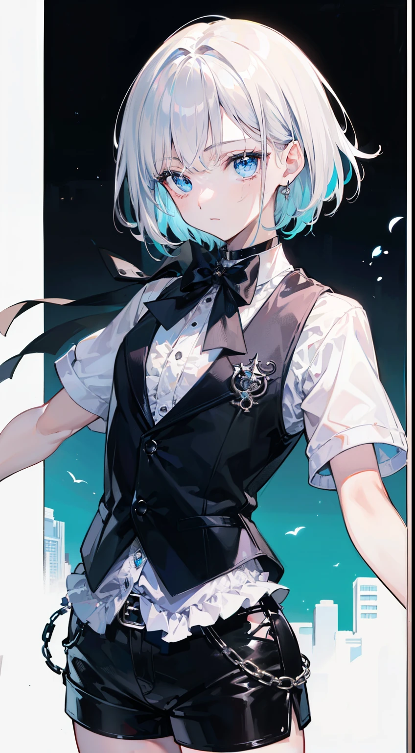 (top-quality、masterpiece、high-level image quality、Super delicate)、((Beautiful Boys))、(Silvery medium hair、Long bangs)、(Blue eyes)、a choker、(A black butler-like vest and black shorts)、garterbelts、cool expression、