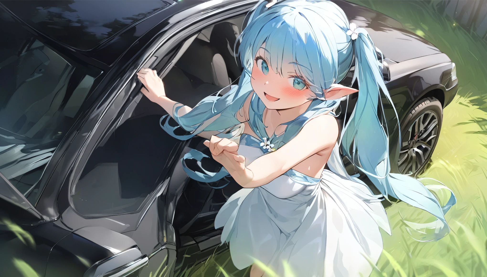  (masterpiece, best quality), 1 elven girl, ( bear breasts, thigh),  (light blue hair, twin tails ,very long hair is fluttering in the wind), hair between eyes, multi colored hair,hair flower ornament ,(blush, smile, aqua eyes), open mouth, elf dress,  white dress , strapless dress, (Open the front of the  dress chest very wide), large breasts, pointed ears, car ,black car , standing next to the car,  grassland