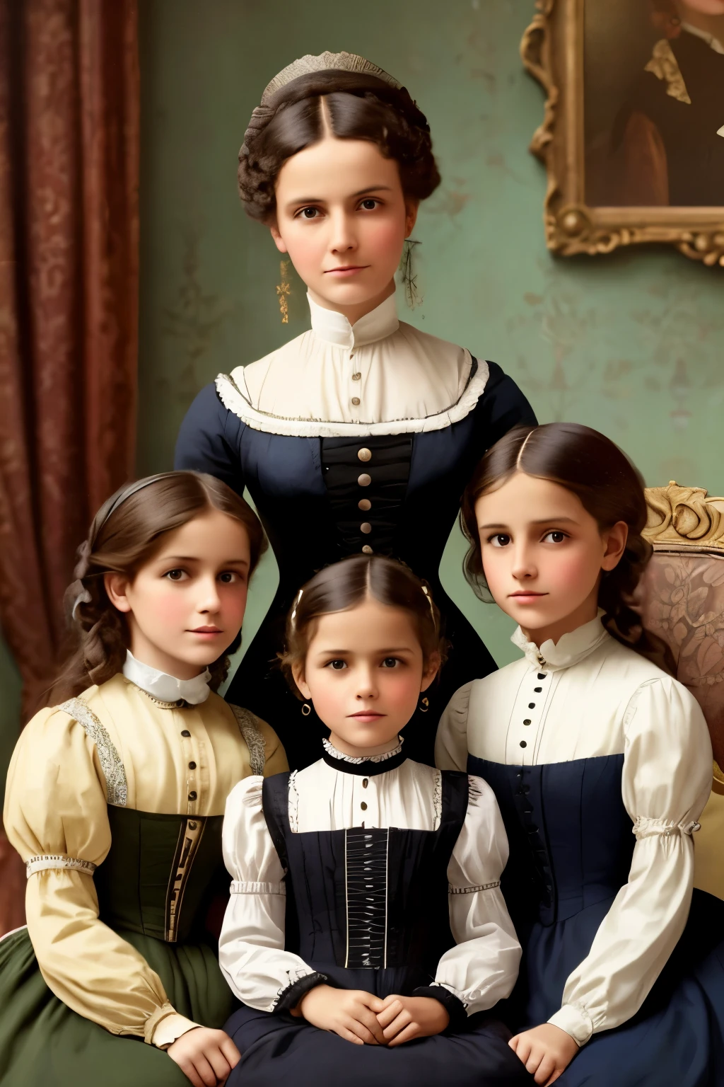 1880 ,mother and her 2 ten daughters on a magazine cover, vibrant colors, high-resolution, realistic portrayal,Victorian style, view forward, loving bond, trendy attire, captivating smiles, natural beauty, professional lighting, contemporary style, artistic composition,  victorian age beauty, professional lighting, contemporary style, artistic composition