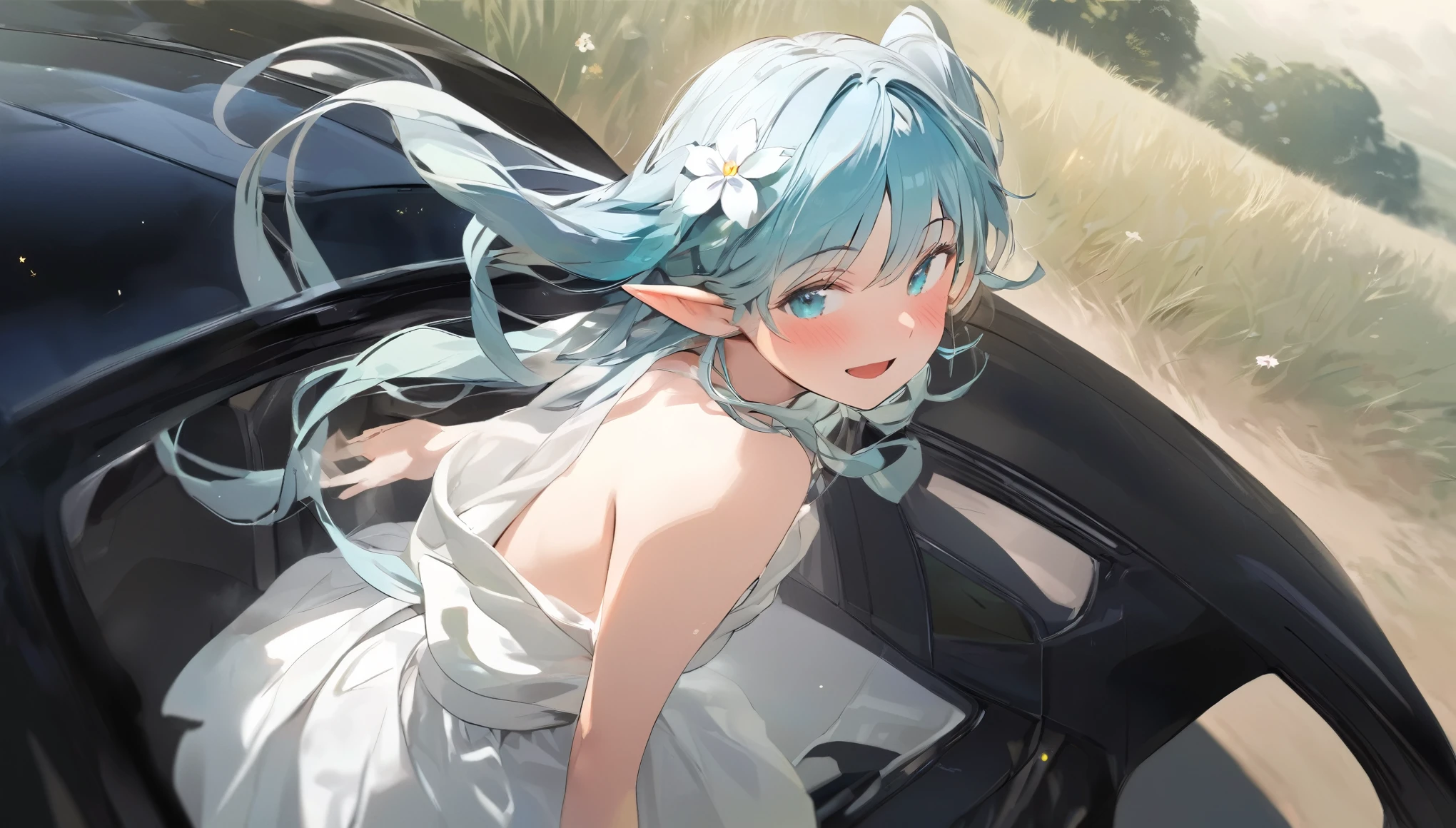  (masterpiece, best quality), 1 elven girl, ( bear breasts, thigh),  (light blue hair, twin tails ,very long hair is fluttering in the wind), hair between eyes, multi colored hair,hair flower ornament ,(blush, smile, aqua eyes), open mouth, elf dress,  white dress , strapless dress, (Open the front of the  dress chest very wide), large breasts, pointed ears, car ,black car , standing next to the car,  grassland