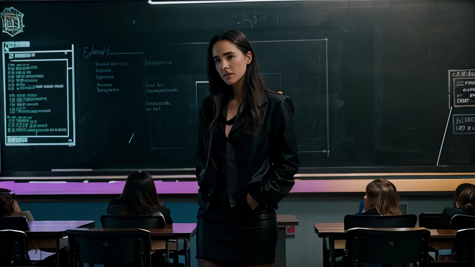 Jennifer Connelly as a teacher of the future teaching in a science fiction school with a futuristic blackboard with neon lights, video board in a room full of students
