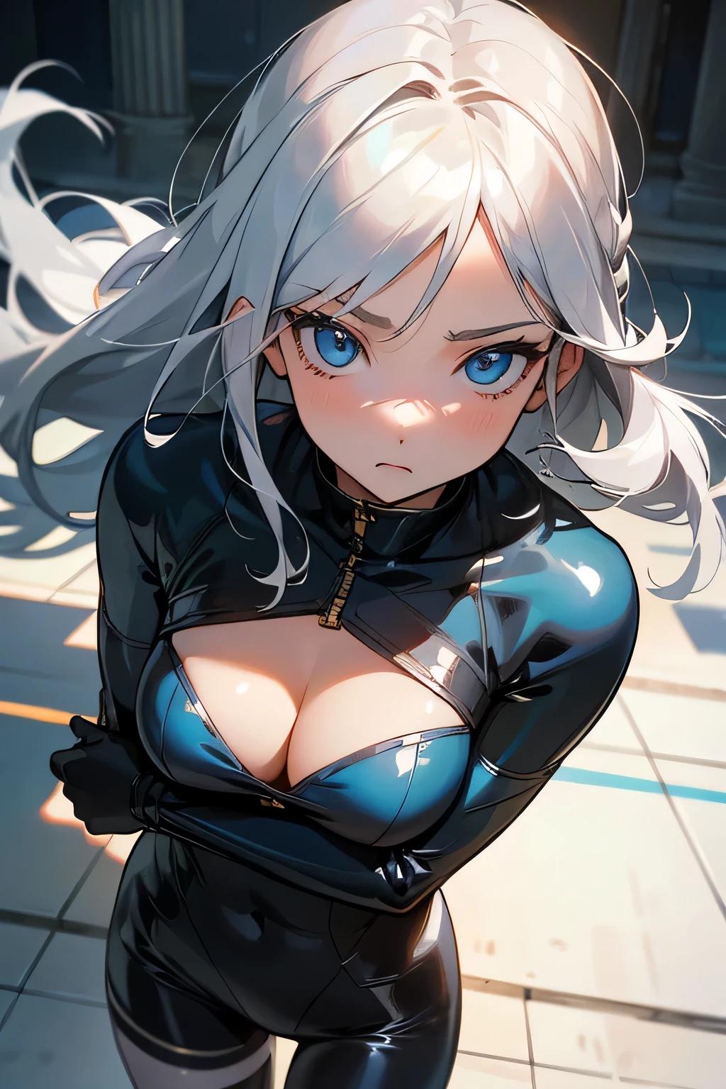 A dynamic series of drawings depicting a warrior girl with silver hair and blue eyes., 8K, ultra high resolution, super detailed, hd,(well designed face), Amazing face, (Super detailed), beautiful eyes, soft lighting,, outdoor, street,, urushisato,1980s,, Dense and beautiful eyes,mechanical parts, asymmetrical hair,thigh height, latex suit,cleavage,