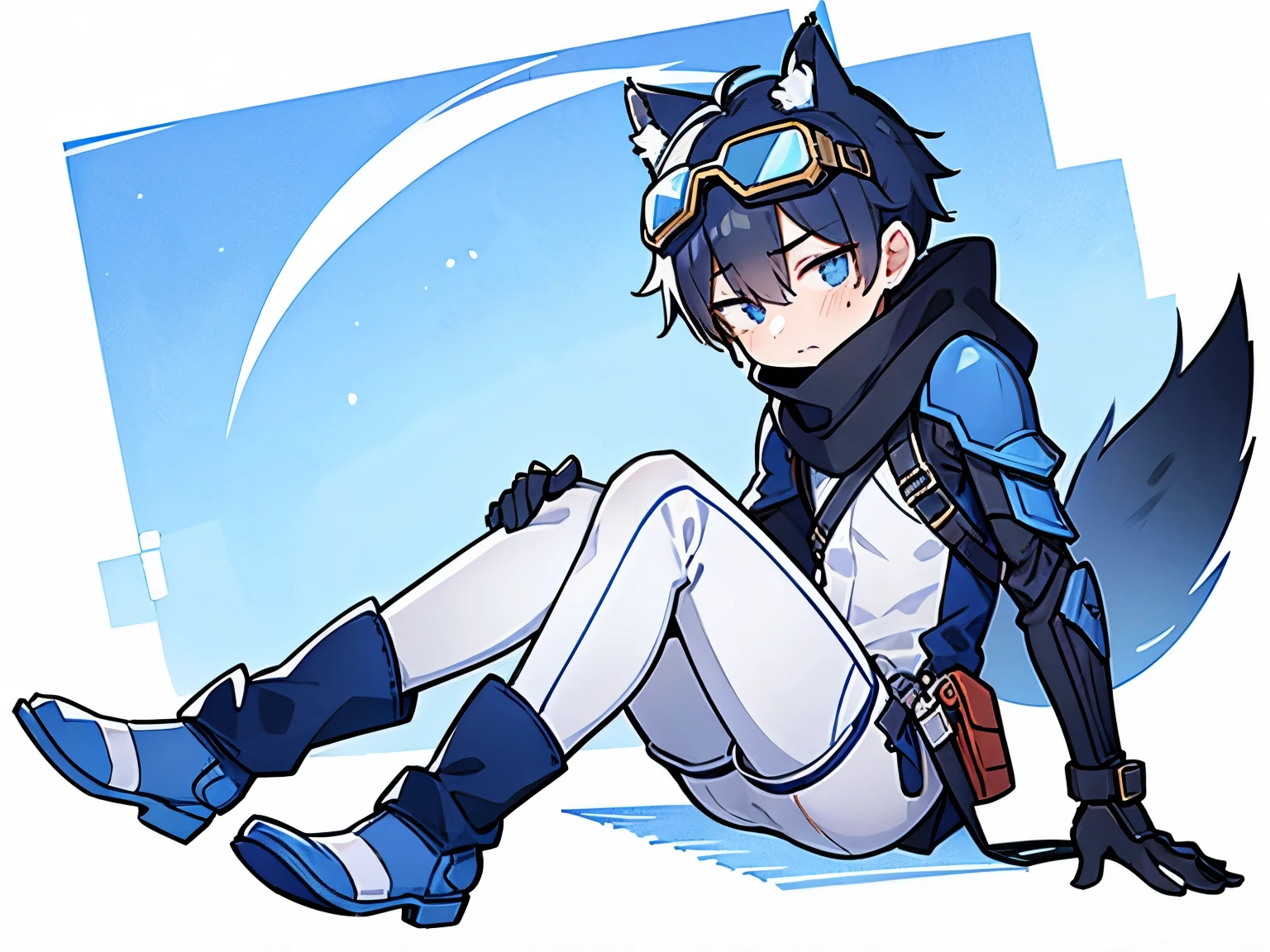 ((1 boy))，solo，straight hair，wolf ears，((blue ski goggles on head)) , Painful face，Grit your teeth，bloodstains，close one eye,(transparent background)，(Blue and white full body mechanical armor)，turtleneck bodysuit，scarf，white boots, scars，Frustrated forward bend , Shadow effects, anatomically correct，die，surrender，killed