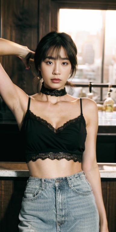 summer,hot,Lazy afternoon,original photo,A sexy girl on the couch,(((sweating:1.1))),green leather jacket,Lace tank top,Transparent lace skirt,rim light,lace choker, clavicle, beautiful face,tattoo,((Small cleavage)),Deep V,belly button, Thin waist and wide hips,long legs,Idol, depth of field, tilt, reflective,lifelike, ultra high resolution, high quality,soft light,best quality,masterpiece,8K,Super real,(film grain, Color difference, sharp focus, in the darkness, deep shadow, low profile, cold light, sexy look). portrait style, Luxury Business