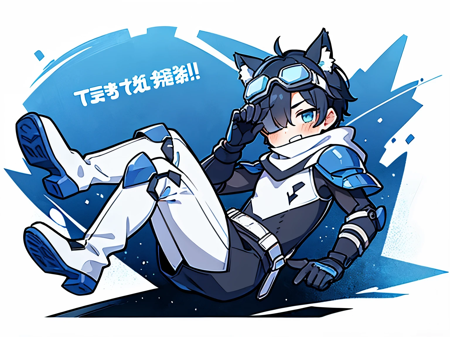 ((1 boy))，solo，straight hair，wolf ears，((blue ski goggles on head)) , Painful face，Grit your teeth，bloodstains，close one eye,(transparent background)，(Blue and white full body mechanical armor)，turtleneck bodysuit，scarf，white boots, scars，hands raised ,Shadow effects, anatomically correct，falling