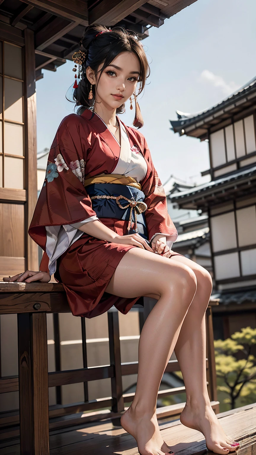 ((最high quality, 8K, masterpiece: 1.3, ultra hd, high quality, 最high quality, High resolution, realism)) 、Beautiful Japan woman at 22 years old、hair color is black、straight hair、smile、Slender but well-proportioned muscular body、Athlete-like figure、i don't'I don't want my head to disappear from the screen..、Wear accessories on your wrist、Wearing red nail polish、Having a pedicure、Sitting on the balcony of a Japanese house in rural Japan、that'summer、Wind chimes are hung at the eaves.、barefoot、fan、Beyond the balcony is a courtyard.、wear a Yukata