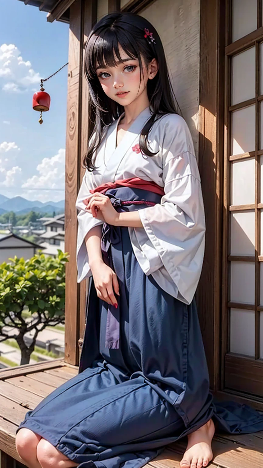 ((最high quality, 8K, masterpiece: 1.3, ultra hd, high quality, 最high quality, High resolution, realism)) 、Beautiful Japan woman at 22 years old、hair color is black、straight hair、smile、Slender but well-proportioned muscular body、Athlete-like figure、i don't'I don't want my head to disappear from the screen..、Wear accessories on your wrist、Wearing red nail polish、Having a pedicure、Sitting on the balcony of a Japanese house in rural Japan、that'summer、Wind chimes are hung at the eaves.、barefoot、fan、Beyond the balcony is a courtyard.、wear a Yukata