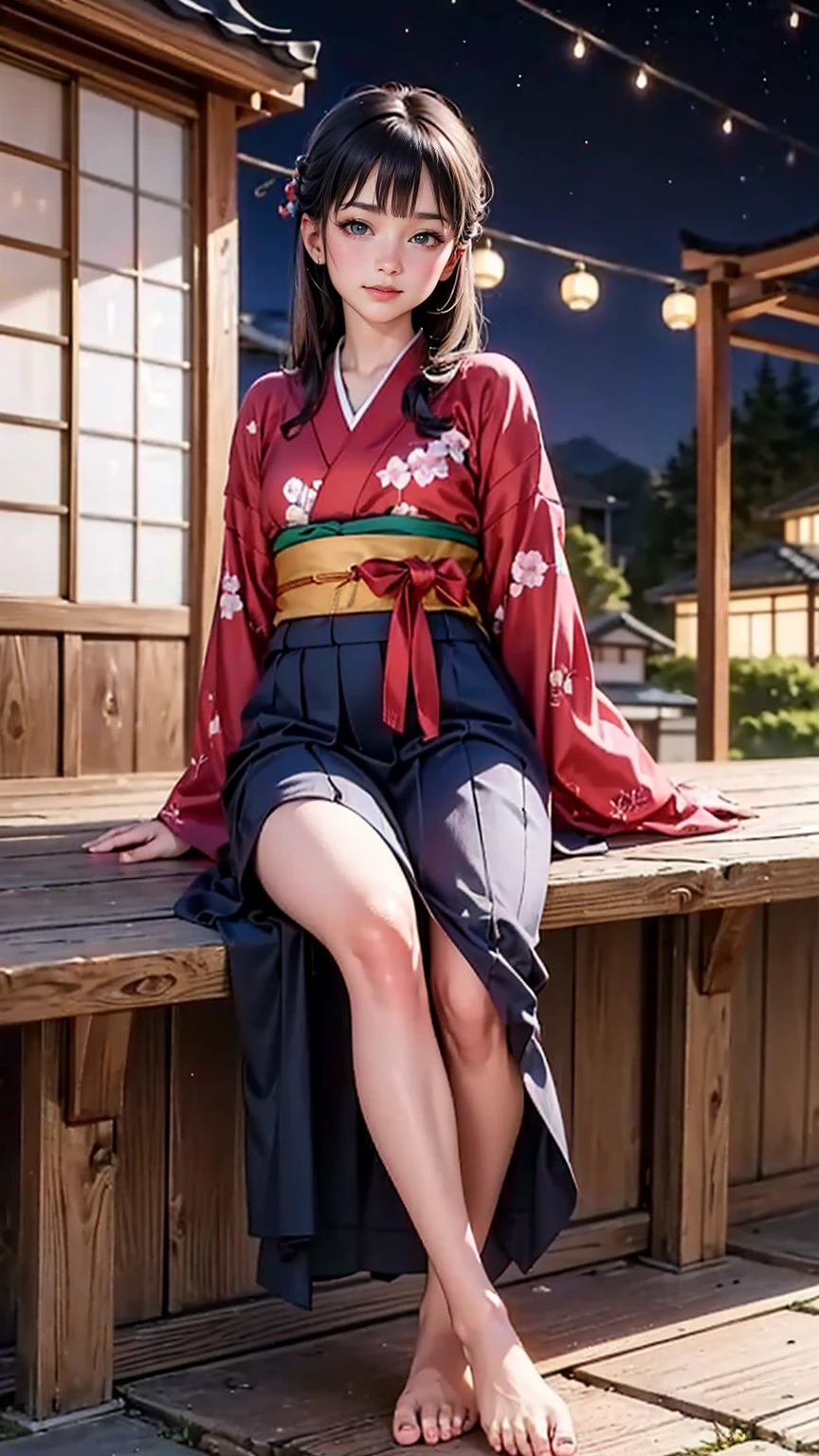 ((最high quality, 8K, masterpiece: 1.3, ultra hd, high quality, 最high quality, High resolution, realism)) 、Beautiful Japan woman at 22 years old、hair color is black、straight hair、smile、Slender but well-proportioned muscular body、Athlete-like figure、i don&#39;t&#39;I don&#39;t want my head to disappear from the screen..、Wear accessories on your wrist、Wearing red nail polish、Having a pedicure、Sitting on the balcony of a Japanese house in rural Japan、that&#39;summer、Wind chimes are hung at the eaves.、barefoot、fan、Beyond the balcony is a courtyard.、wear a Yukata