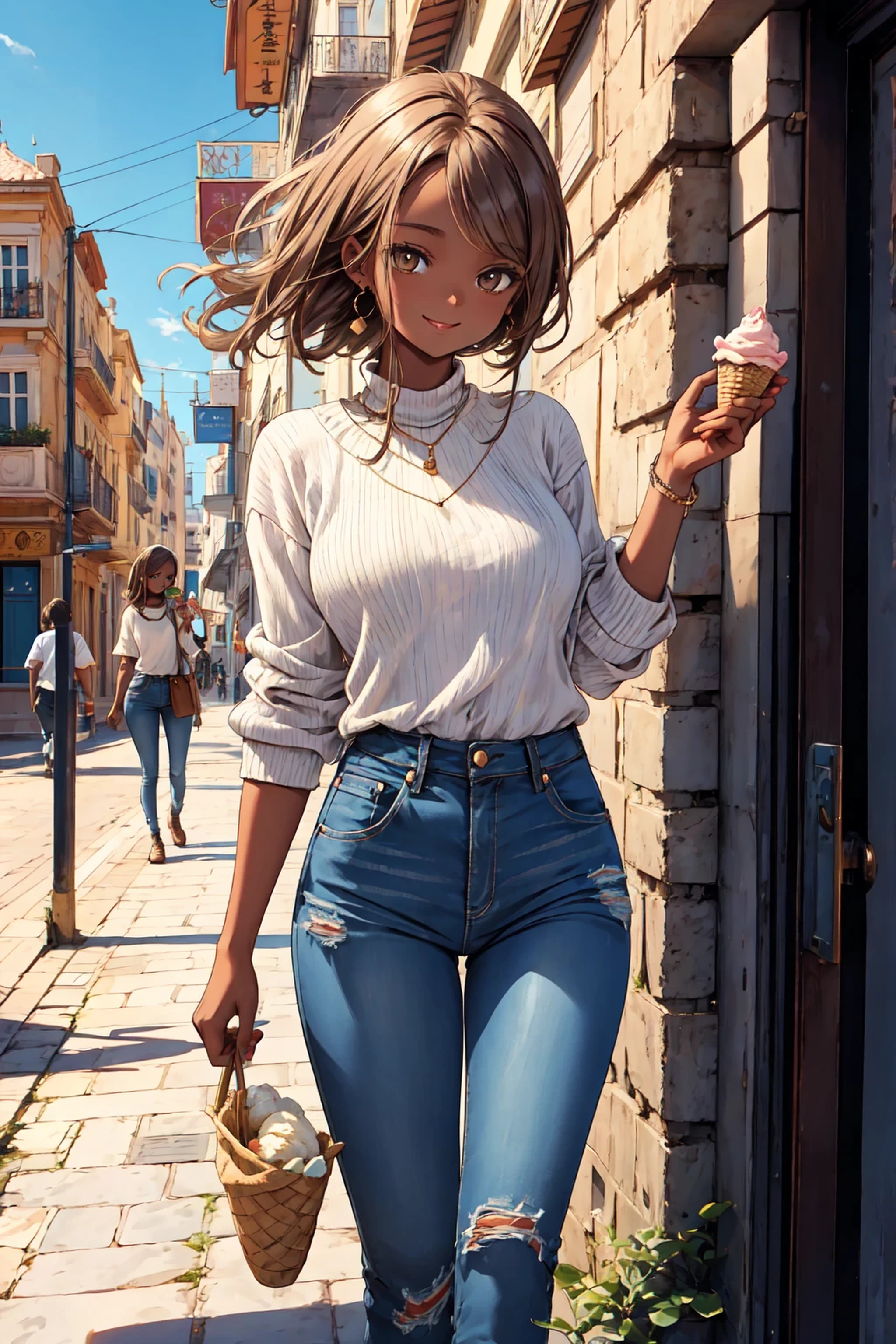 African-French young woman, adorable face, captivating, (best quality, masterpiece:1.2), portrait, brown shoes, loose summer sweater, undamaged skinny jeans, beautifully defined hip line, holding an ice cream cone in one hand, smiling, mischievous gaze, lighting that creates depth, Mediterranean vacation scenery.