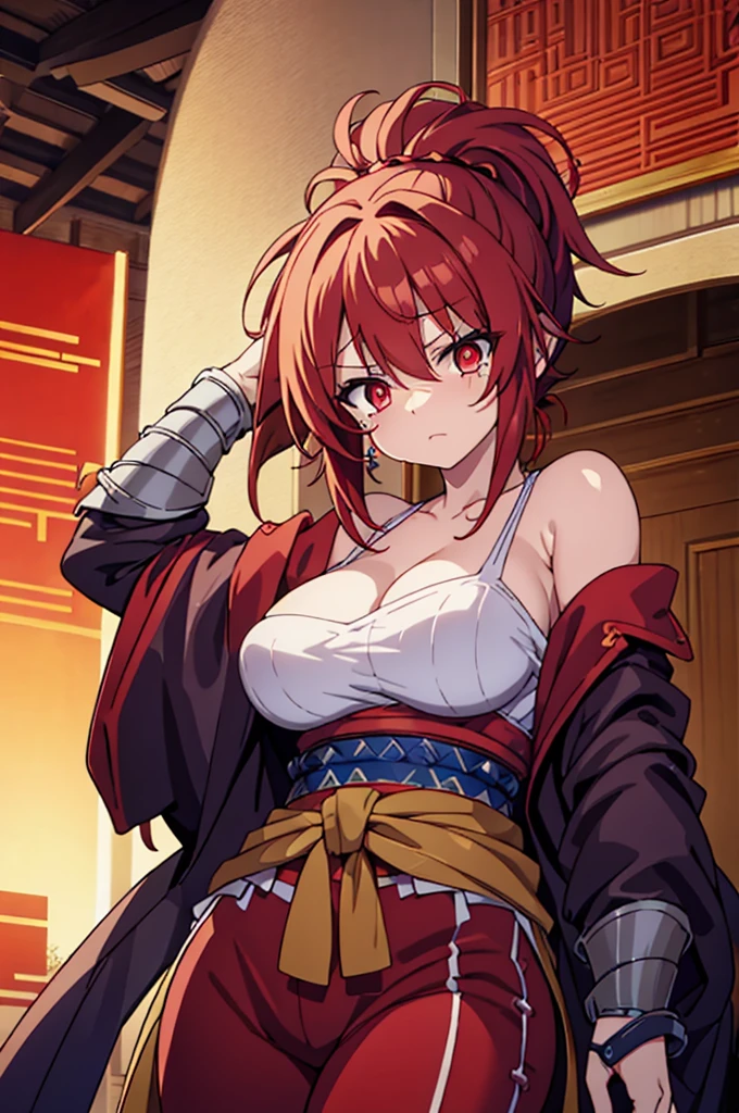 red scarlet hair, mature woman with wrinkles, strong arms, half naked on the top, wearing bandages that covers her breasts, sad expression with tears, samurai pants, red glowing eyes