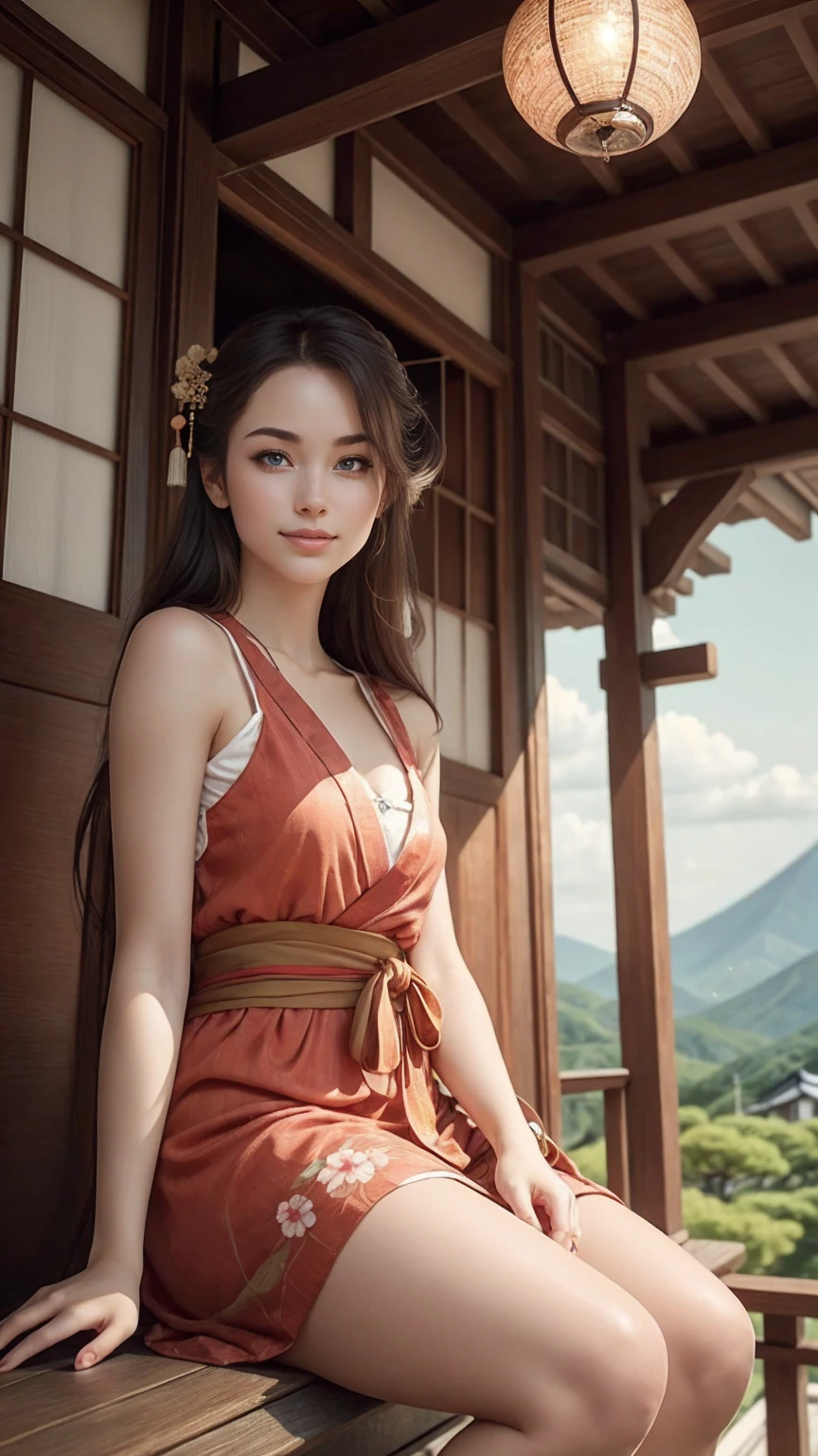 ((最high quality, 8K, masterpiece: 1.3, ultra hd, high quality, 最high quality, High resolution, realism)) 、Beautiful Japan woman at 22 years old、hair color is black、straight hair、smile、Slender but well-proportioned muscular body、Athlete-like figure、i don't'I don't want my head to disappear from the screen..、Wear accessories on your wrist、Wearing red nail polish、Having a pedicure、Sitting on the balcony of a Japanese house in rural Japan、that'summer、Wind chimes are hung at the eaves.、barefoot、fan、Beyond the balcony is a courtyard.、wear a Yukata