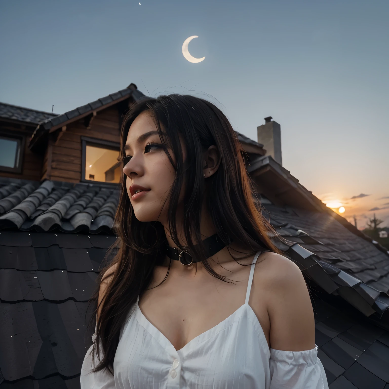 Generate a house with short story and it has a windows sliding windows extended and the grills has a like slanted left and right and it's color white and it has an attic in that attic has a bumped out and that bump it has a mini balcony the girls is iron it's collar brown and there's a girl it's asian her skin is pale she has red lips and her hair is color black it ends underneath her shoulders looking at the sunset and you can see the moon it's a half moon and that for story house has a rooftop beside it and there's a window in the attic in their skylight in the roof and the roof is color gray