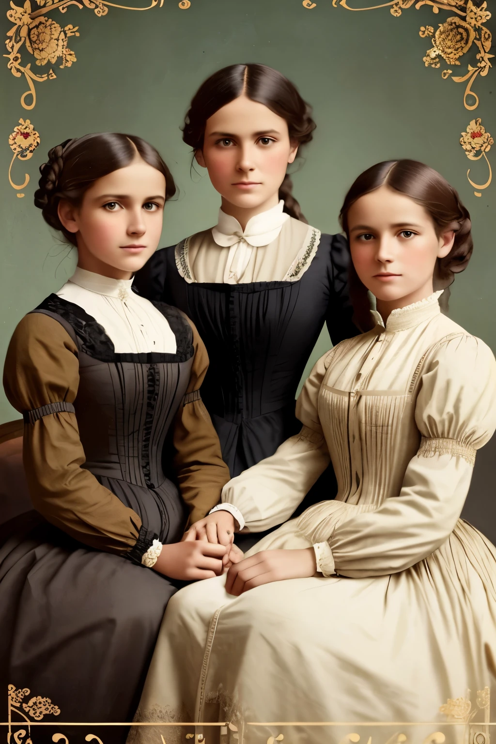 1880 ,mother and her 2 ten daughters on a magazine cover, vibrant colors, high-resolution, realistic portrayal,Victorian style, view forward, loving bond, trendy attire, captivating smiles, natural beauty, professional lighting, contemporary style, artistic composition,  victorian age beauty, professional lighting, contemporary style, artistic composition