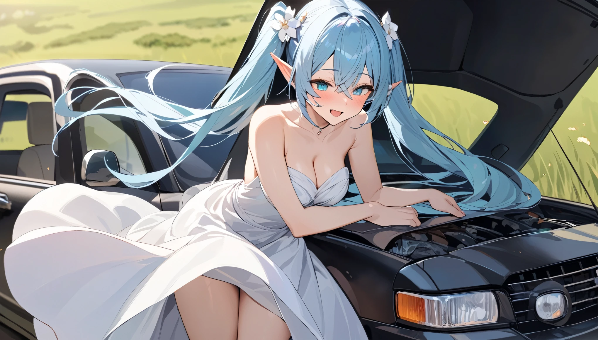 (masterpiece, best quality), 1 elven girl, ( bear breasts, thigh), (light blue hair, twin tails ,very long hair is fluttering in the wind), hair between eyes, multi colored hair,hair flower ornament ,(blush, smile, aqua eyes), open mouth, elf dress, white dress , strapless dress, (Open the front of the dress chest very wide), large breasts, pointed ears, car ,black car , standing next to the car, grassland