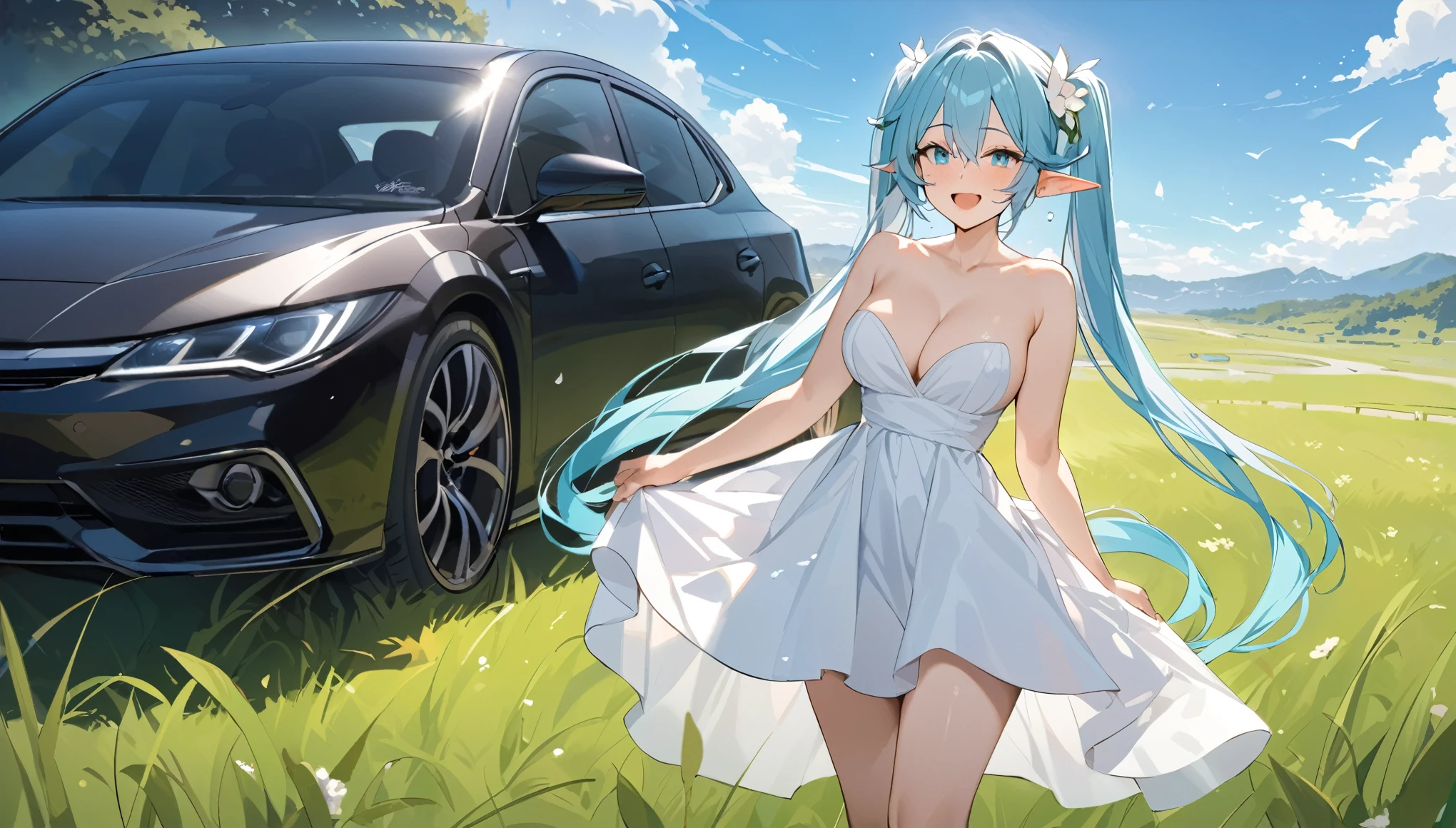(masterpiece, best quality), 1 elven girl, ( bear breasts, thigh), (light blue hair, twin tails ,very long hair is fluttering in the wind), hair between eyes, multi colored hair,hair flower ornament ,(blush, smile, aqua eyes), open mouth, elf dress, white dress , strapless dress, (Open the front of the dress chest very wide), large breasts, pointed ears, car ,black car , standing next to the car, grassland