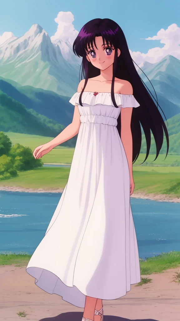 1990s \(style\), masterpiece, best quality, highres, outdoors, small breasts, 1 girl, Solo, ReiHino, Purple Eyes, Beautiful Detail Eyes, Long Black Hair, Straight Hair, Good hands are down, Smile, Blushing, Bare Neck, Bare Shoulders, strapless, White Ruffle Off-the-Shoulder maxi dress. Cowboy shot. A landscape of blue skies, a mountain, a far away mansion, a lake and a green valley. In the center. Walking in bare feets.