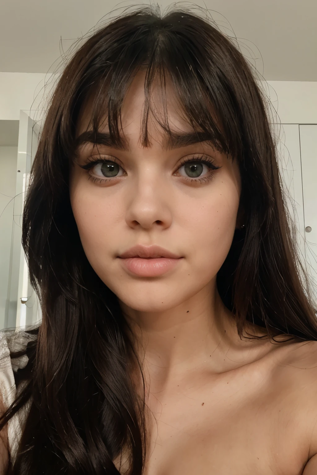 frontal close up photo of an attractive woman, natural beauty, 23 years old, green eyes, long dark hair with bangs, symphathic, girl next door, big eyes, full lashes, big lips, small nose, full bangs, fuller cheeks, black hair, skin without any marks, sandhour figures, big silicone , round ass, sporty, upper lip as big as the under lip, more bangs, no marks