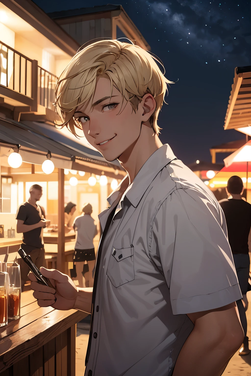 Blonde man with short hair and dark eyes in a beach party. It's night time and he is smiling 