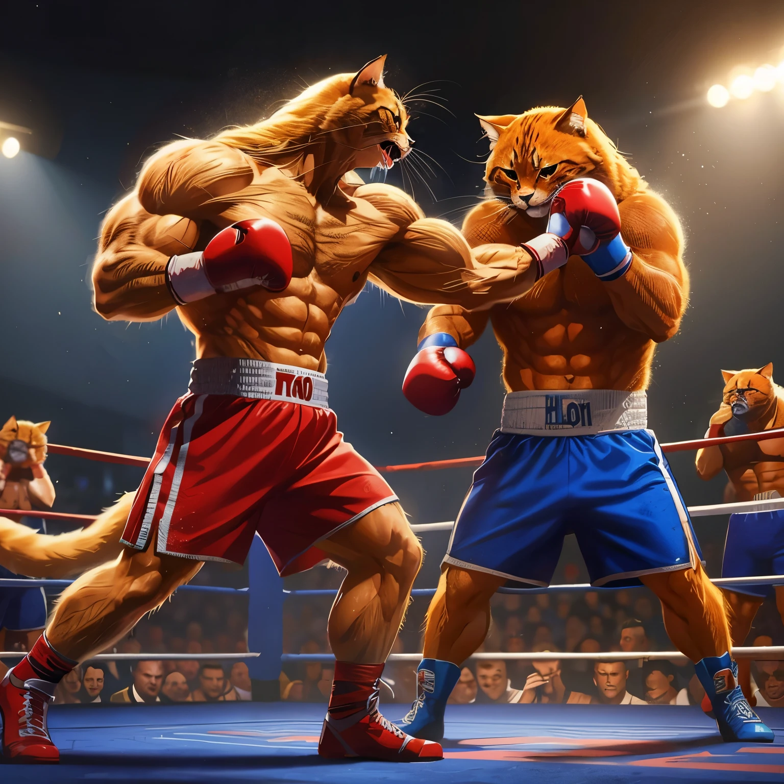there are two cats that are boxing in a ring, boxing match, in a fighting pose, fights, boxing, in a boxing ring, in a fighting stance, fight battle, getting ready to fight, close-up fight, furry fantasy art, knockout punch, by Mario Dubsky, posing for a fight intricate, by Daryush Shokof, new cats movie
