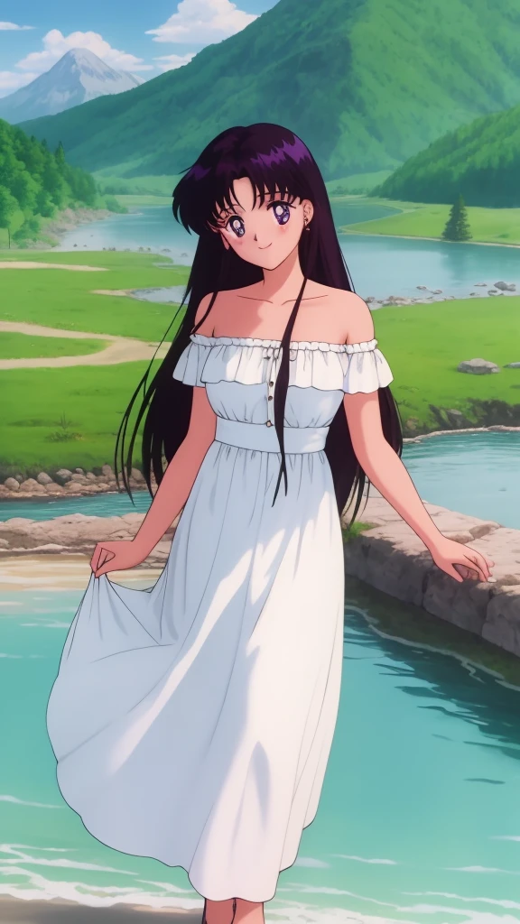 1990s \(style\), masterpiece, best quality, highres, outdoors, small breasts, 1 girl, Solo, ReiHino, Purple Eyes, Beautiful Detail Eyes, Long Black Hair, Straight Hair, Good hands are down, Smile, Blushing, Bare Neck, Bare Shoulders, strapless, White Ruffle Off-the-Shoulder maxi dress. Cowboy shot. A landscape of blue skies, a mountain, a far away mansion, a lake and a green valley. In the center. Walking in bare feets.
