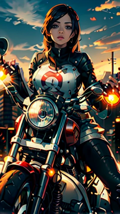 arafed woman sitting on a motorcycle with a sunset in the background, sitting on a motorcycle, riding a motorcycle, picture of a female biker, motorcycles, motorcycle, cover, riding, motorbiker, illustrative!!, biker, very close shot, chrome motorcycle parts, profile picture, wear a plaid shirt, riding a motorbike,open chest 