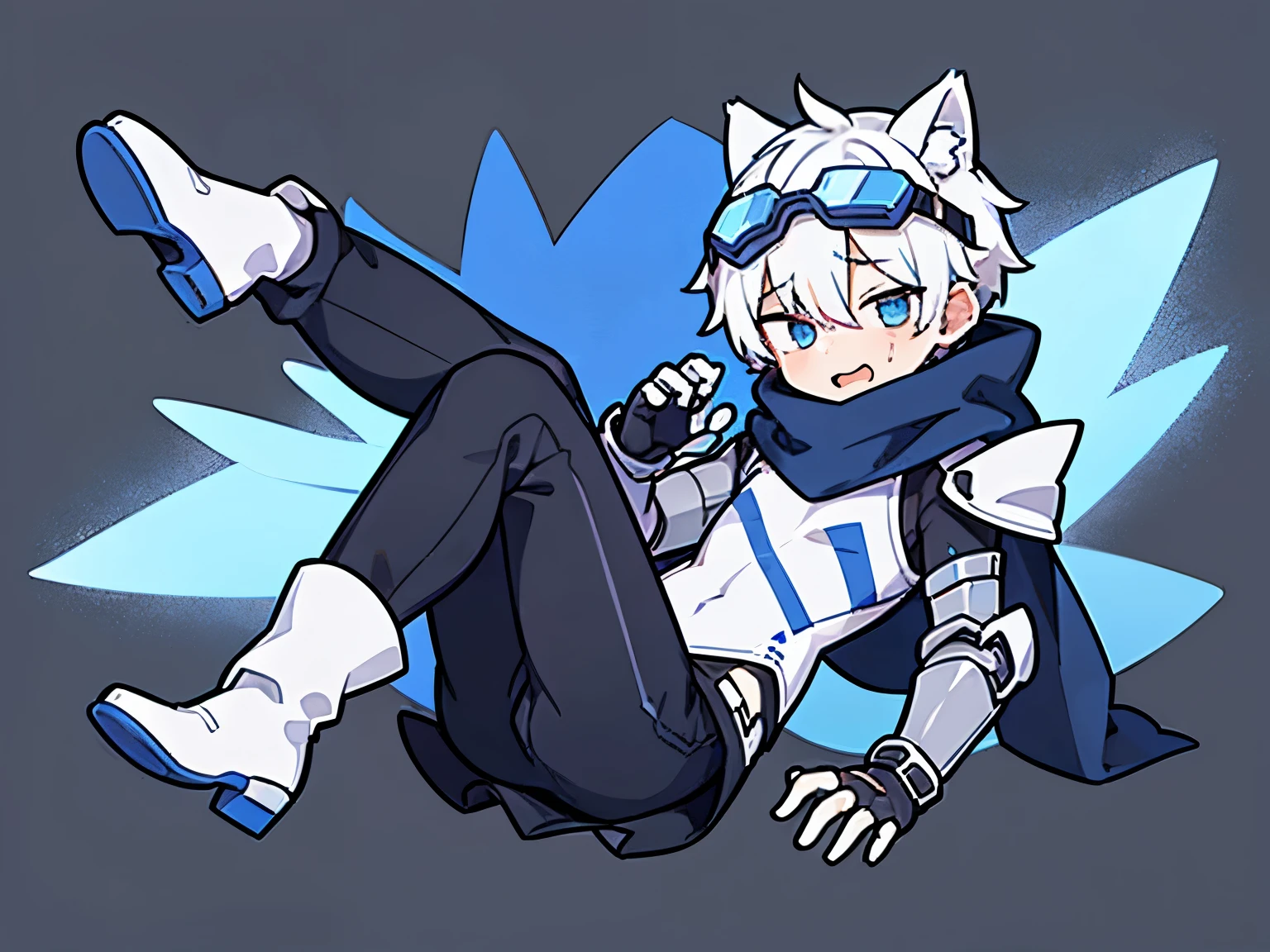 ((1 boy))，solo，straight hair，wolf ears，((blue ski goggles on head)) , Painful face，Grit your teeth，bloodstains，close one eye,(transparent background)，(Blue and white full body mechanical armor)，turtleneck bodysuit，scarf，white boots, scars，hands up ,Shadow effects, anatomically correct，falling
