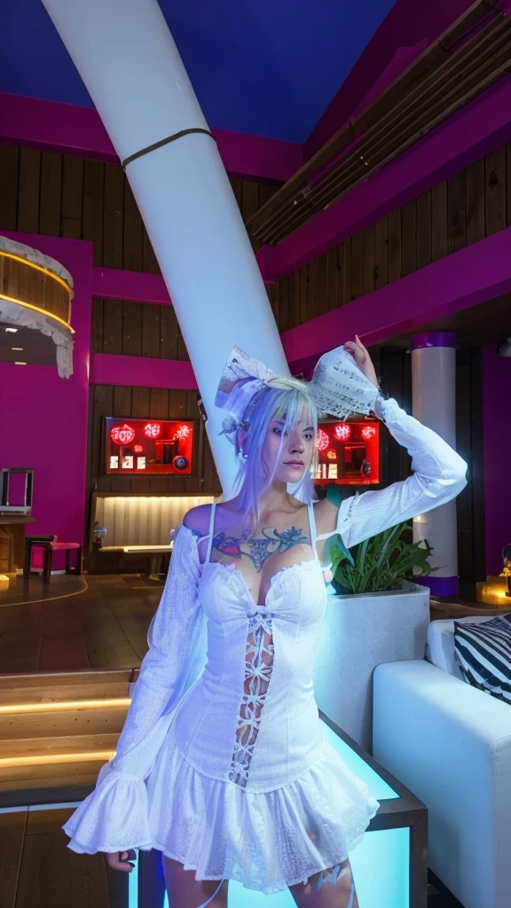 make the wooden floor reflect, also add more realistic clothing and have cyan lighting on the right side and blue lighting on the character's side.. Put a realistic white hair bow on her. And remove the tattoo