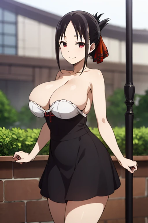 best quality, (masterpiece:1.2), detailed,
shinomiya kaguya,
1girl, solo, closed mouth, light smile,
black hair, red eyes, short hair, folded ponytail, hair ribbon, black dress, red ribbon,
standing, looking at the viewer,  huge breasts, huge ass, huge thighs, narrow waist, wide hips, thick thighs, curvy