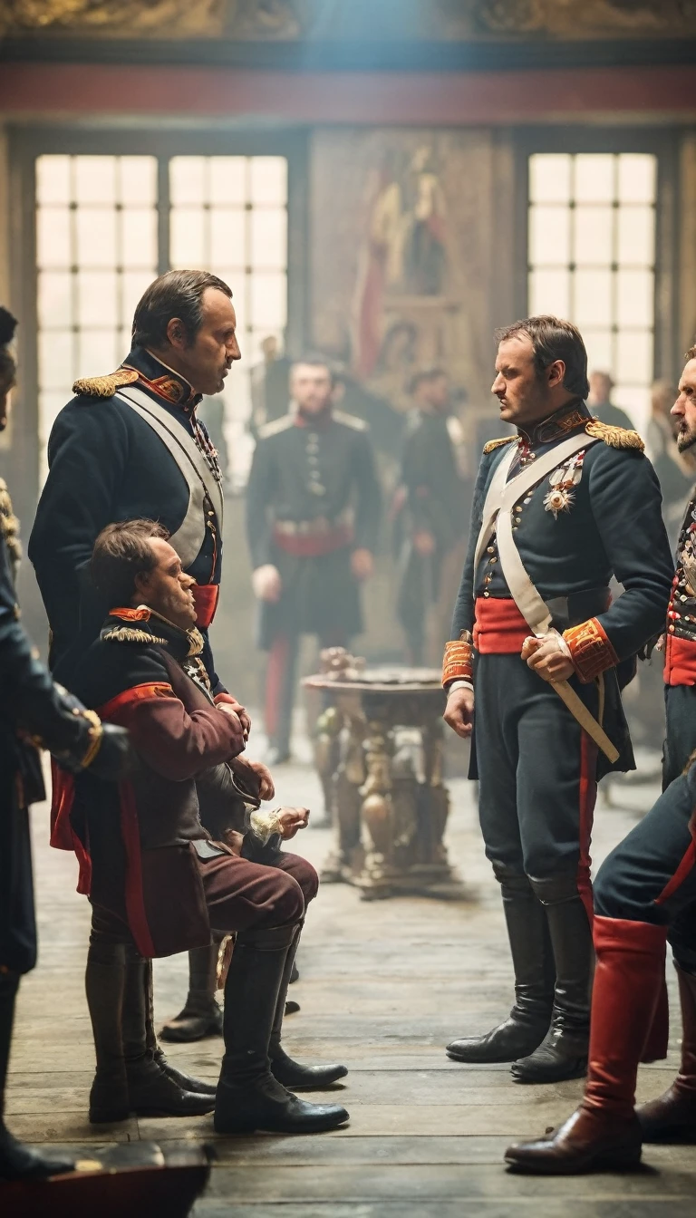 Reenact scenes of Napoleon strategizing with his generals before the campaign, background dark, hyper realistic, ultra detailed hyper realistic, photorealistic, Studio Lighting, reflections, dynamic pose, Cinematic, Color Grading, Photography, Shot on 50mm lens, Ultra-Wide Angle, Depth of Field, hyper-detailed, beautifully color, 8k