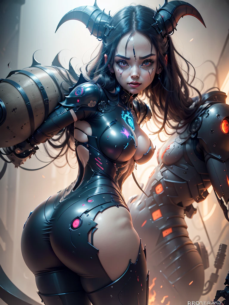 A female robot modeled after an evil demon.　Body with exposed machine　The head has horns that extend on both sides.　The skin is blue　Tem asas de morcego nas costas.　folhas&#39;do diabo&#39;o rabo crescendo na minha bunda