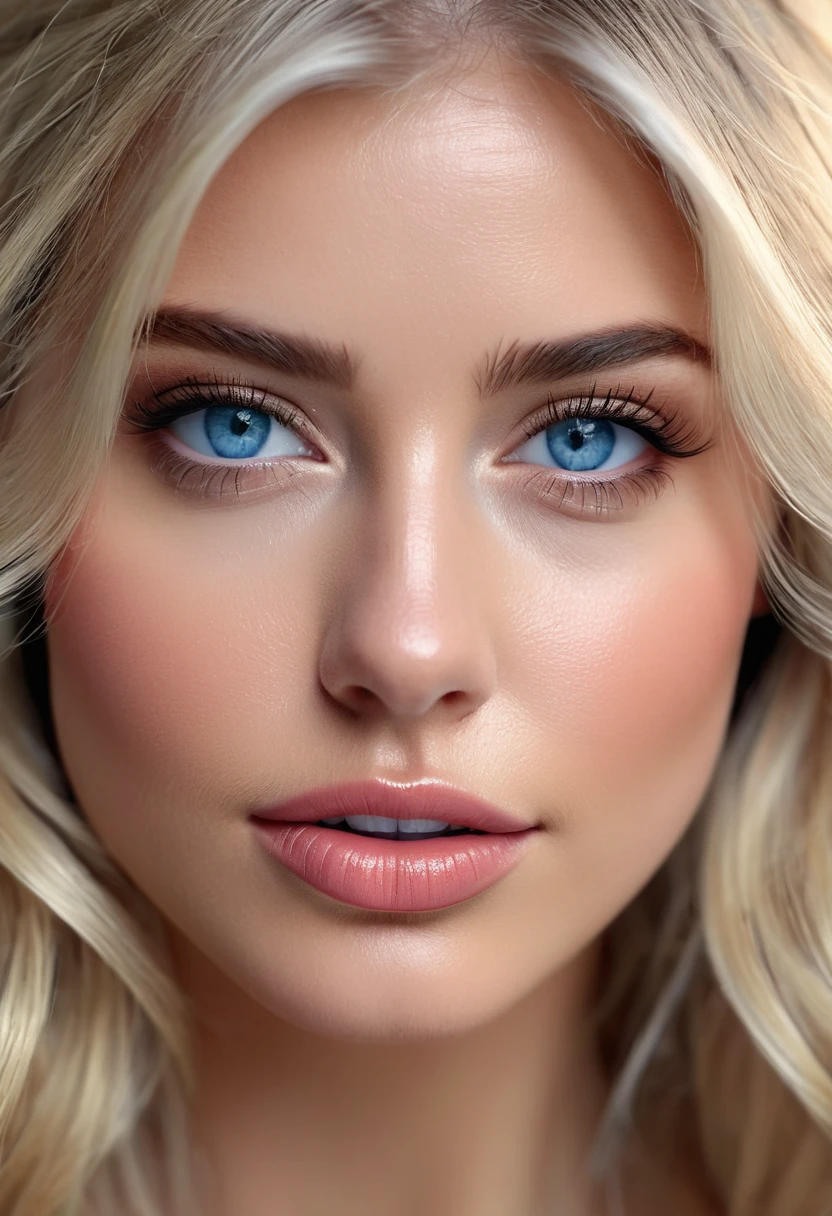 beautiful sensual woman face, (blonde hair:1.1), blue eyes, soft smooth skin, perfect makeup, glossy lips, shy smile, fine details, realistic lighting, 4k resolution, portrait mode, extremely detailed, extremely intricate,, (masterpiece, high quality, best quality:1.3), extremely detailed, extremely intricate, photorealistic,