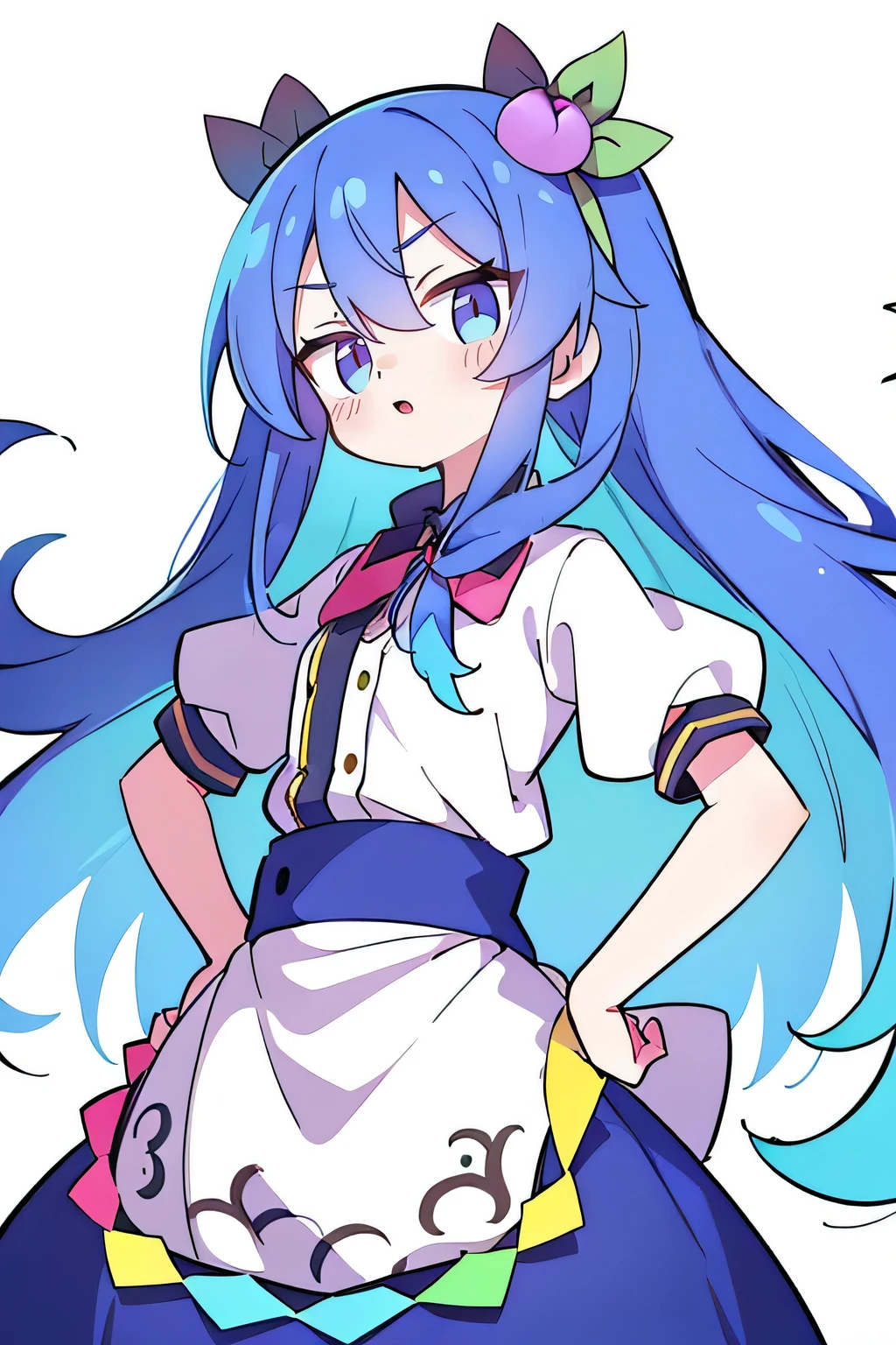 (masterpiece),best quality, expressive eyes, perfect face, 1girl,
 Put your hands on your waist,fair, Gorgeous,Japanese cartoons,girl,lola,Hina Angel, blue hair, blue haired, floating clothes,Grab your waist, Grab your waist, hands on hips , hands on hips,flat chest