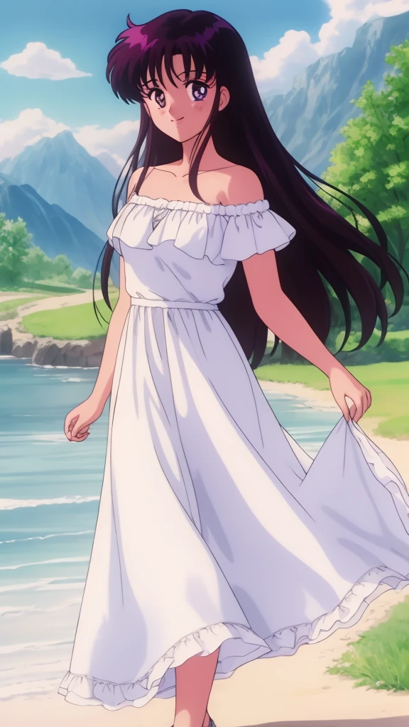 1990s \(style\), masterpiece, best quality, highres, outdoors, small breasts, 1 girl, Solo, ReiHino, Purple Eyes, Beautiful Detail Eyes, Long Black Hair, Straight Hair, Good hands are down, Smile, Blushing, Bare Neck, Bare Shoulders, strapless, White Ruffle Off-the-Shoulder maxi dress. Cowboy shot. A landscape of blue skies, a mountain, a far away mansion, a lake and a green valley. In the center. Walking in bare feets.