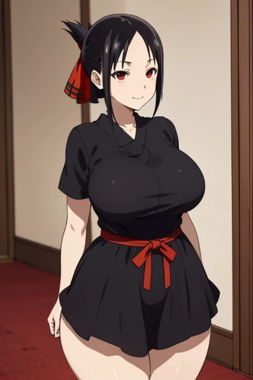 best quality, (masterpiece:1.2), detailed, shinomiya kaguya, 1girl, solo, closed mouth, light smile, black hair, red eyes, short hair, folded ponytail, hair ribbon, black dress, red ribbon, standing, looking at the viewer, huge breasts, huge ass, huge thighs, narrow waist, wide hips, thick thighs, curvy