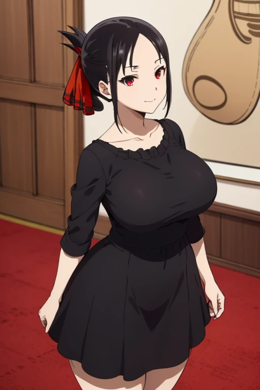 best quality, (masterpiece:1.2), detailed, shinomiya kaguya, 1girl, solo, closed mouth, light smile, black hair, red eyes, short hair, folded ponytail, hair ribbon, black dress, red ribbon, standing, looking at the viewer, huge breasts, huge ass, huge thighs, narrow waist, wide hips, thick thighs, curvy