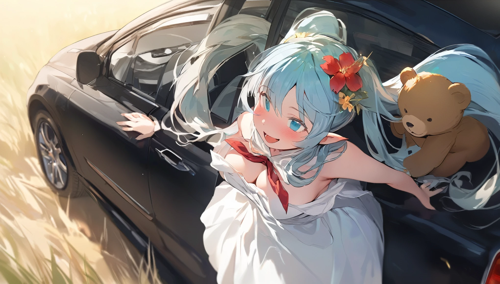  (masterpiece, best quality), 1 elven girl, ( bear breasts, thigh),  (light blue hair, twin tails ,very long hair is fluttering in the wind), hair between eyes, multi colored hair,hair flower ornament ,(blush, smile, aqua eyes), open mouth, elf dress,  white dress , strapless dress, (Open the front of the  dress chest very wide), large breasts, pointed ears, car ,black car , standing next to the car,  grassland