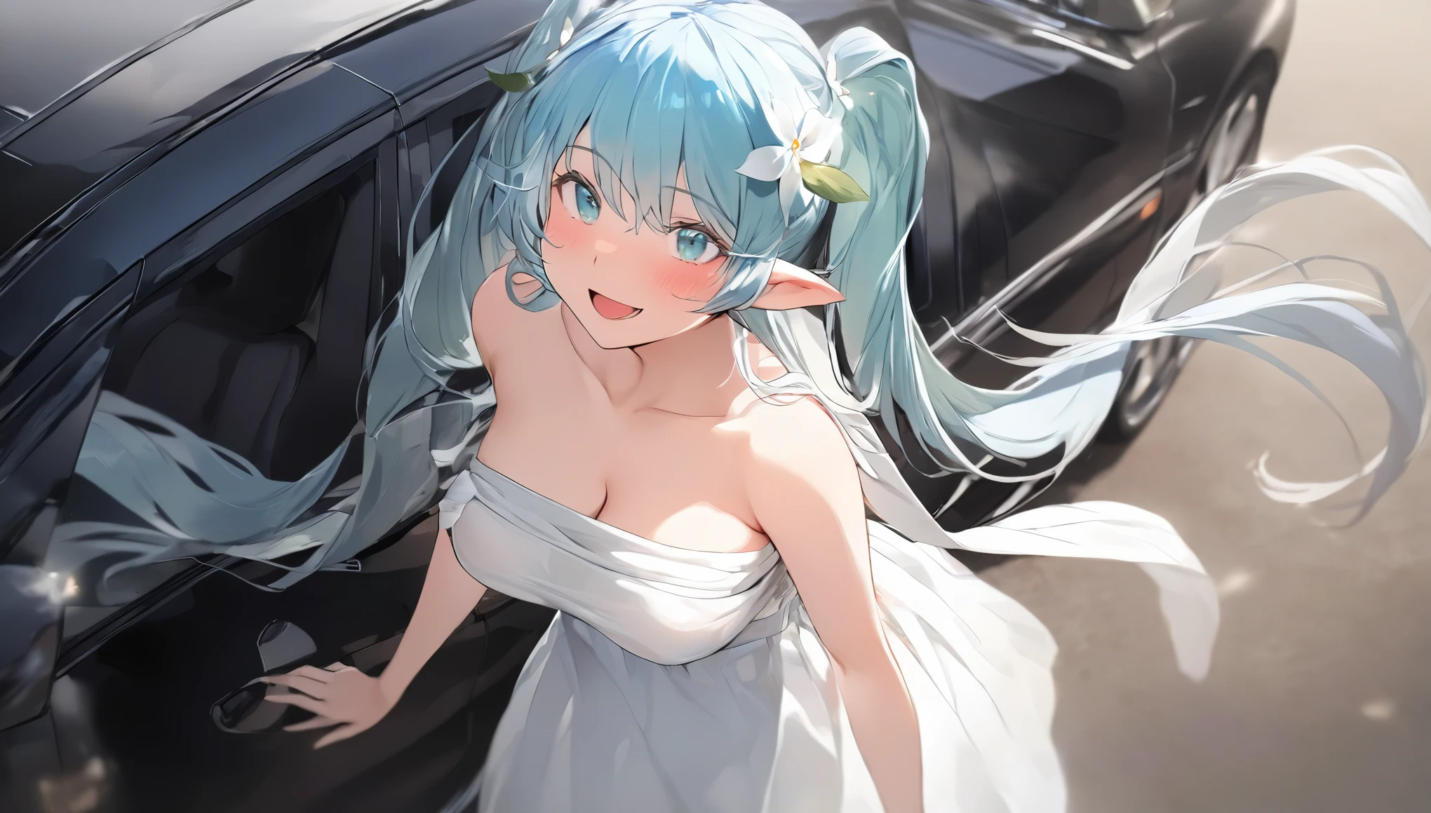  (masterpiece, best quality), 1 elven girl, ( bear breasts, thigh),  (light blue hair, twin tails ,very long hair is fluttering in the wind), hair between eyes, multi colored hair,hair flower ornament ,(blush, smile, aqua eyes), open mouth, elf dress,  white dress , strapless dress, (Open the front of the  dress chest very wide), large breasts, pointed ears, car ,black car , standing next to the car,  grassland