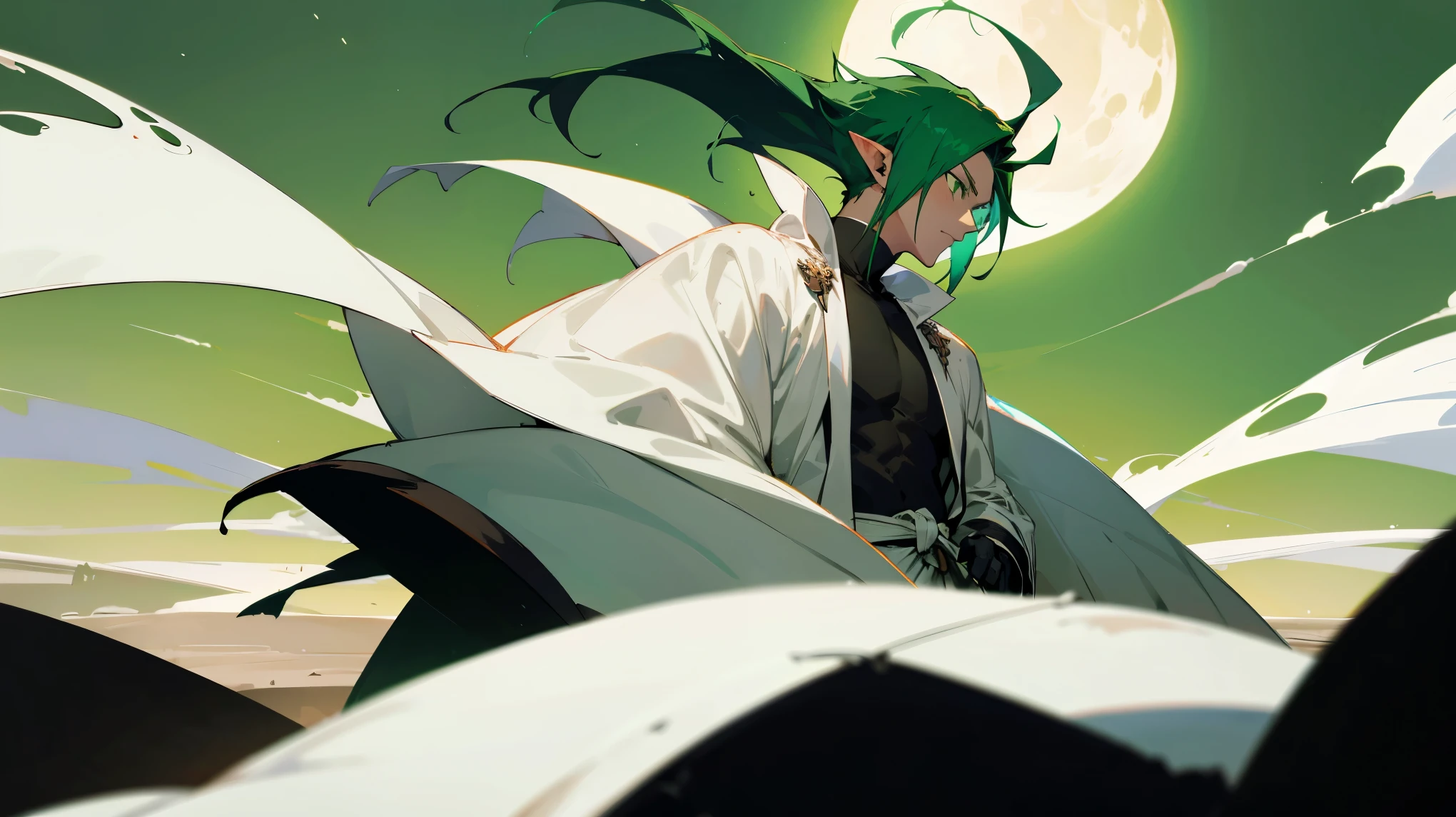 hueco mundo background (bleach), white robe, green hair, green eyes, pointy ears, black background, desert background, white crescent moon in sky, young male, muscular, black fur coat,