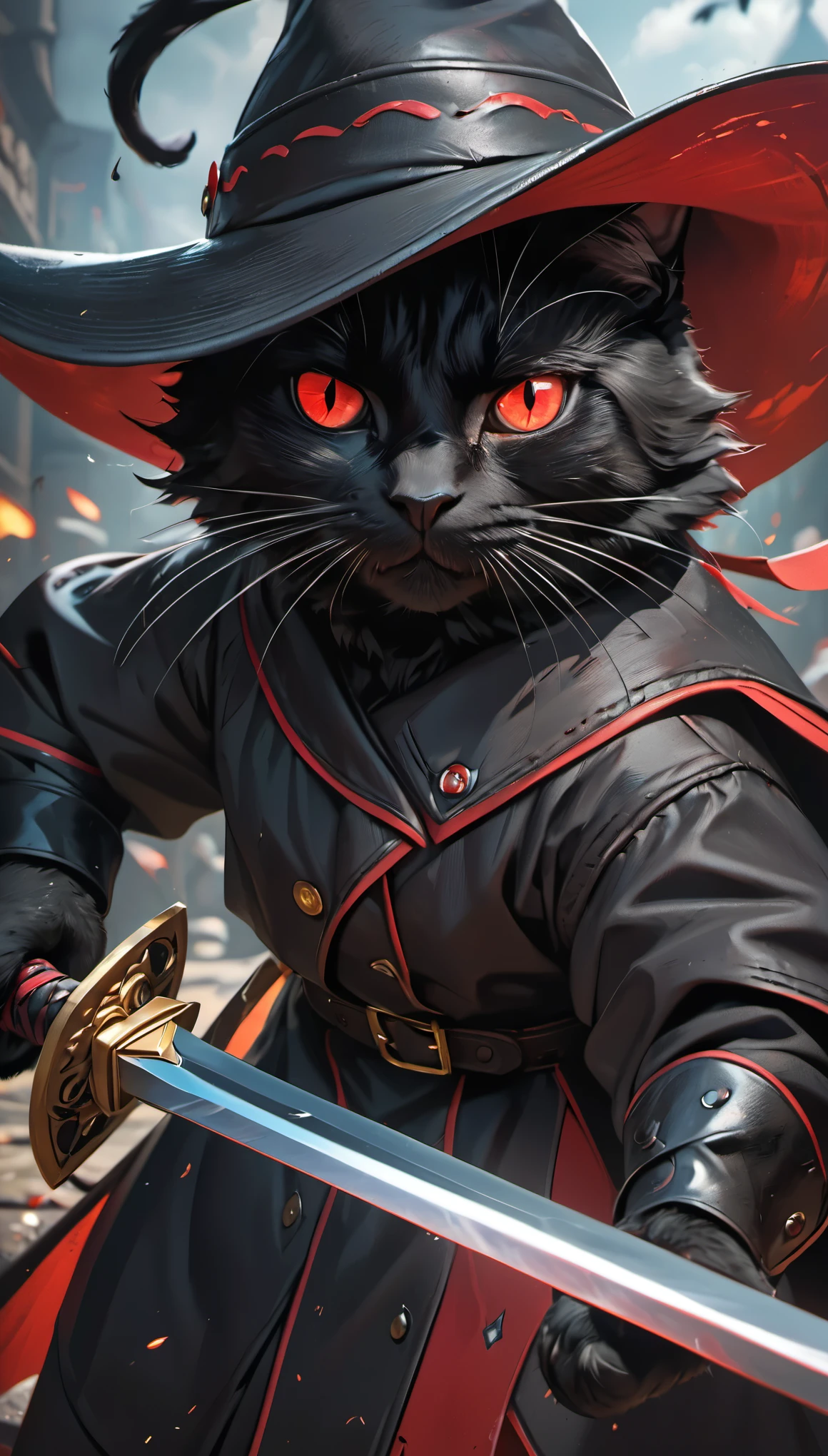 black cat, Red eyes, wear a black hat, wielding a long sword, (((Prepare to attack))), Concept art in Pixar style, (role concept), fantasy art style, Anime aesthetics, Realistic lighting image, intense close-up, saturated color,（（masterpiece)), ((Best quality)), ((8K))