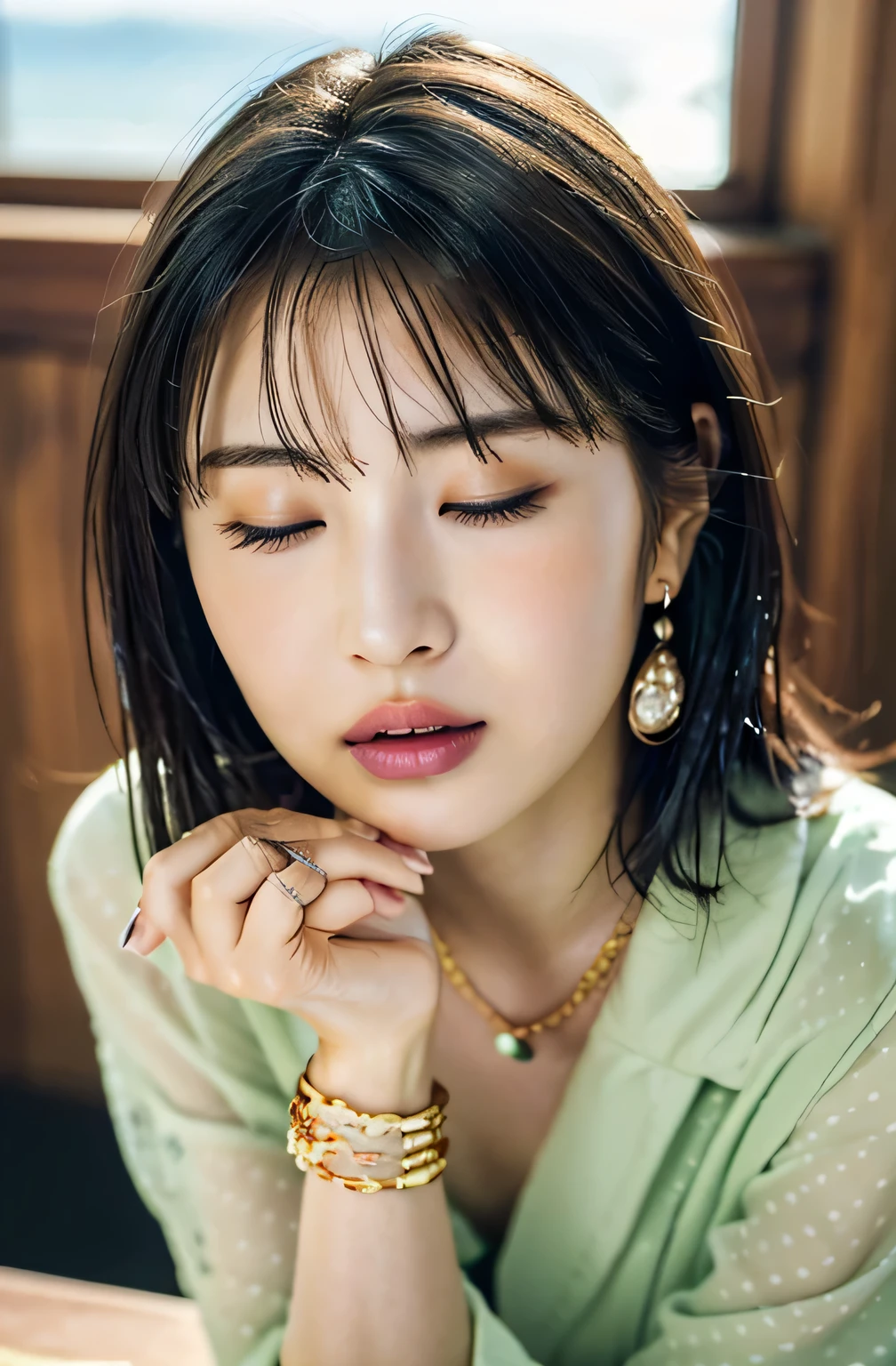 (((8K very high resolution, high detail, very accurate, table top))),photo shoot & realistic atmosphere,shiny skin,beautiful skin,fine white skin,Detailed face,fine eyes、dark green eyes,very beautiful eyes,lip details、very beautiful face,A very neat face、face like the real thing,glossy beautiful lips,beautiful eyebrows,Detailedly drawn Ebisu background,、delicate makeup,The best natural makeup for professional stylists(((8K,very high resolution, high detail, High resolution, table top))),japanese idol,korean idol,very beautiful woman,very beautiful girl,very well shaped chest、Ornaments that match beautiful fashion(((high detail,high details,masterpiece,Simple and elegant ornaments,necklace,bracelet, ring, earrings,))),Decorations designed in detail,beautiful women fashion,very stylish and beautiful fashion,summer fashion,Take a full body photo,A very beautiful 17 year old Japanese girl,A 17 year old beautiful girl who is too beautiful in Japan,brown hair and shiny very beautiful hair,Stylish and very beautiful long hair,Watery eye,A kind smile,looking at the viewer,natural gestures,High resolution cloud background,Mature and beautiful, Beautiful but a little innocent,natural soft light,(((photorealism))),reality live action,Beautiful nails with nail art,beautiful feet、,buckshot,backwards,looked back,Very High resolution、High-definition masterpiece,face,natural and realistic face,natural light in the city
(Dress up in a tight green polka dot bathrobe:1.2),
((luxury hotel bedroom bed, The midsummer sun shines on the whole)),
((The large windows overlook the ocean horizon.:1.2)),
((focus on face)),
((Raise your face)),
((Approaching kiss face)),
((Eyes closed:1.4)),
((pursing lips:1.4)),
((Pointy mouth)),
((blushing cheeks)),
((I'm enchanted)),
((Face feeling ecstasy)),
((touching breasts:1.4)),
((body is wet)),
((cum on chest)),
((Put a condom in your mouth)),
((She is sitting completely naked in a beautiful position:1.4)),
The areola of the breast is beautiful:1.2,
(perfect breast shape, rich breasts:1.2),
It is a small pale pink areola.,
(She has a cute plump butt, stick out your butt),
Manicured pubic hair,
((The crystal clear waters of a tropical resort, Immerse yourself in water up to your waist:1.2)),
The midsummer sun shines on the whole,