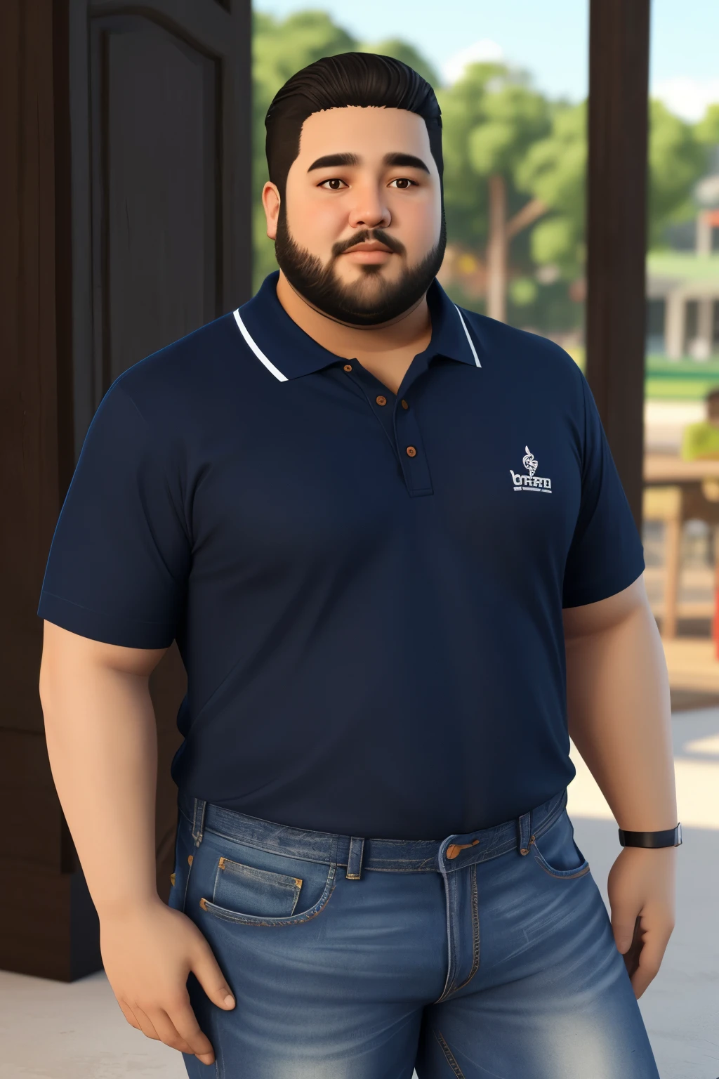 create a 3D illustration of a male character with dark gradient hair, nariz robusto, rosto redondo, barba curta , porte gordo ,cor parda usando camisa polo azul, jeans ra