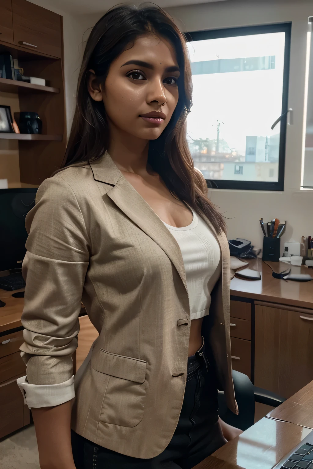 young Indian girl, 24-year-old, gentle sun lighting on face , office mood , blazer Business Proessional attire, office girl working, intricate facial details, full body picture, cinimatic pose flawless complexion, top-notch 3D rendering, hyper-realistic, shot on Indian office enviroment with mac book on background. photorealistic digital art trending on Artstation 8k HD high definition detailed realistic, detailed, skin texture, hyper detailed, realistic skin texture, armature, best quality, ultra high res, (photorealistic:1.4),, high resolution, detailed, raw photo, 400 camera f1.6 lens rich colors hyper realistic lifelike texture dramatic lighting unrealengine trending on artstation cinestill 800, make her look decent